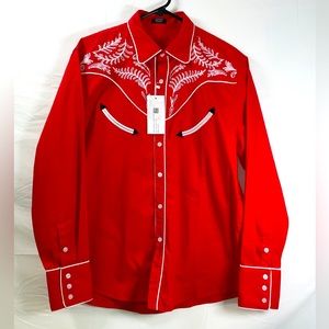 NWT Men COOFANDY Embroidered Red & White Western Style Long Sleeve‎ Shirt Medium